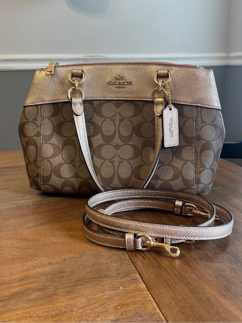 Coach Metallic rose gold Trim Signature Satchel in Coffee
